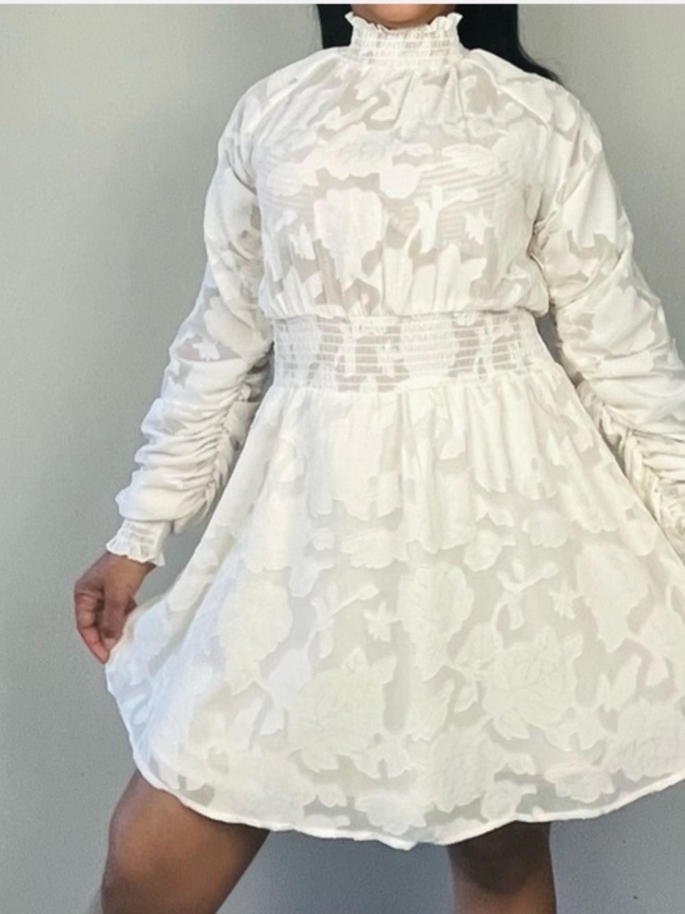Forever 21 White Floral Jacquard Ruffled High-Neck Long Sleeve Dress